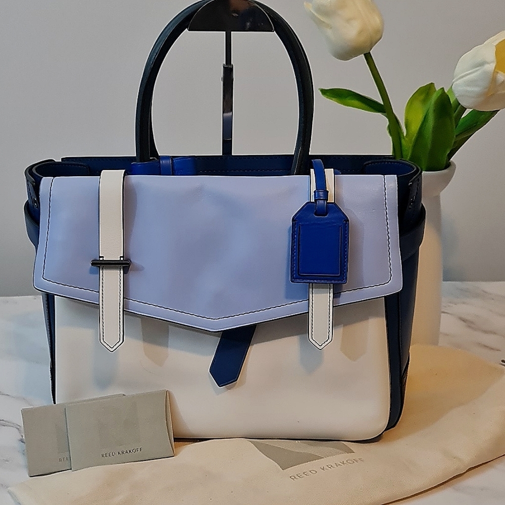 Authentic Reed Krakoff Blue/White Leather Boxer Tote